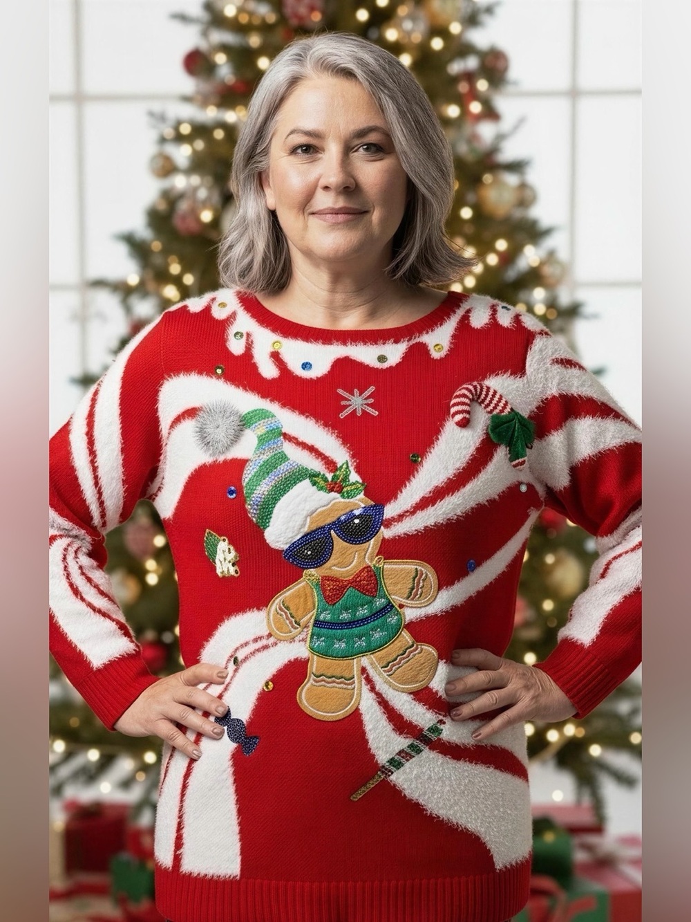 33 Degrees Women's Red Holiday Gingerbread Ugly Christmas Sweater -- XL